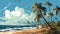 Tropical Coastal Shore Painting With Palm Trees And Clouds