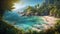 Tropical coastline, palm tree, sunset, water, sand, vacations generated by AI