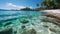 Tropical coastline, turquoise water, palm trees, tranquil scene generated by AI