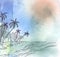 Tropical coastline view with palm trees, watercolor background. Vector image.