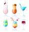 Tropical cocktails and juices set. Vector hand drawn illustration. Various isolated cocktail glass with beverages. Web site page a