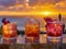 Tropical Cocktails at Sunset with Ocean View, Three Colorful Drinks on Outdoor Bar Counter during Golden Hour