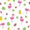 Tropical colorful flamingo seamless pattern with leaves, melon and pineapple