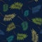 Tropical colorful palm leaves on the dark blue background. Vector trendy seamless pattern.