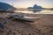 Tropical colorful sunset with a local banca boat in El Nido, Palawan - Philippines