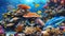 tropical coral reefs, deep sea wallpaper with colorful shells, fish, dolphins, octopuses in the depths of the bay