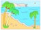 Tropical country sundown landscape, palm tree forest on ocean sand beach, calm sea relaxing place cartoon line vector