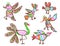 Tropical crazy fantastic doodle birds set. Crayon like kid`s hand drawn colorful bright funny jungle flying monsters.