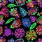 Tropical crazy fantastic flower seamless pattern. Crayon like kids hand drawn acid colorful bright floral set.