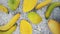 Tropical cuisine, Mango and bananas on a stone background, Top view