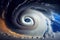 tropical cyclone, with its powerful eye and spiral bands of clouds visible on the horizon