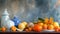 Tropical Delights: A Vibrant Table Display of Ceramic Ung, Water Weng, Orange, and St Fruit agains