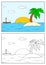 Tropical desert island with palm tree, sun and ship in ocean. Summer sunset landscape. Cartoon vector outline and colored