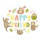 Tropical Design with cute sloths Happy friend text