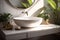 tropical design stylish clean leaf white interior bathroom sink green home. Generative AI.