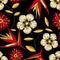 Tropical detailed embroidery floral design in a seamless pattern