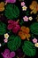 Tropical embroidery flower arrangement. Exotic plant blossom summer jungle. Fashion print textile patch. Hawaii hibiscus plumeria