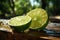 Tropical escape, a juicy lime slice on a sunlit wooden table