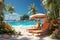Tropical escape promotion 3D summer sale design with beach accents and pool scene