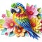 Tropical Euphoria: Kirigami Parrot Amidst Vibrant Flowers, White Background Adds Artistic Contrast