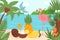 Tropical exotic element design, vector illustration, summer paradise at hawaii, bird, flamingo at ocean shore with