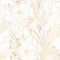 Tropical exotic floral golden line palm leaves and hibiscus flowers seamless pattern,