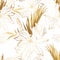 Tropical exotic floral golden line palm leaves and magnolia flowers seamless pattern, white background.