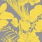 Tropical exotic floral line palm leaves and flowers seamless pattern, grey yellow background.