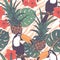 Tropical exotic flowers, pineapple and toucans seamless background