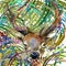 Tropical exotic forest, deer, green leaves, wildlife, watercolor illustration.