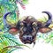 Tropical exotic forest, green leaves, wildlife, buffalo, watercolor illustration. watercolor background unusual exotic nature