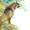 Tropical exotic forest, green leaves, wildlife, cheetah, watercolor illustration. watercolor background unusual exotic nature