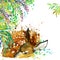 Tropical exotic forest, green leaves, wildlife, deer, watercolor illustration. watercolor background unusual exotic nature