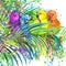 Tropical exotic forest, green leaves, wildlife, parrot bird, watercolor illustration. watercolor background unusual exotic nature