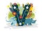 Tropical exotic letter V, animals rhino and elephant, flowers. Cute cartoon