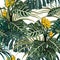 Tropical exotic tender lovely yellow flowers, palm monstera leaves, green floral summer seamless pattern.