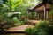 tropical exterior with lush garden and wooden decking