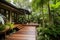 tropical exterior with lush garden and wooden decking