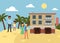 Tropical family hotel banner vector illustration. Summer beach vacation concept on seaside, holiday. Mother hugging