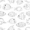 Tropical fish black on white seamless vector pattern. Swimming Butterflyfish, Clown Triggerfish, Damsel, Anemonefish, Angelfish,
