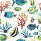 Tropical fish, bright, colorful with corals and splashes of paint. Watercolor illustration. Seamless pattern on a light