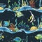 tropical fish with sea waves, corals, algae and bubbles. Watercolor illustration. Seamless pattern. For fabric