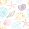 Tropical fish, seashell, jellyfish and starfish vector seamless pattern. Hand drawn underwater bottom illustration. Outline