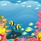 Tropical fish and stingray swim underwater near algae. Vertical scene in cartoon style.