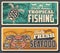 Tropical fishing and fresh seafood vector banner