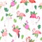 Tropical flamingo seamless pattern. Summer time vector illustration. Pink male and female flamingos, couples, mother