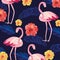 Tropical flamingos animal with flowers and leaves background