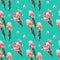 Tropical floral print, orange bangsia flowers, eucalyptus leaves,protea leaves, tropical wallpaper.