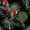 Tropical floral print. Parrot bird in the jungle in the dark exotic forest, seamless pattern for fashion.