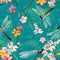 Tropical Floral Seamless Pattern with Dragonflies. Botanical Wildlife Background with Palm Tree Leaves and Exotic Flowers